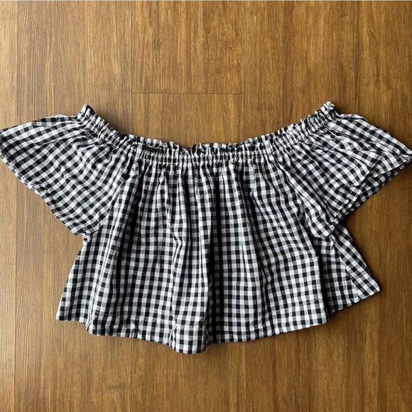 Wilfred Aritzia Crop Top Medium Garance Black White Gingham Off shoulder Blouse - Picture 4 of 10